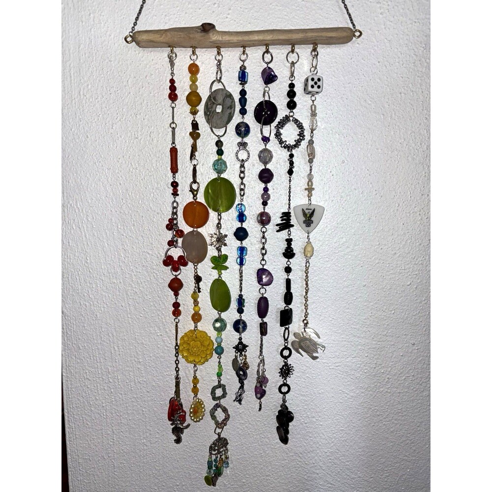 Handmade Driftwood Beaded Wall Hanging, Multicolor Bead Strands, Charms